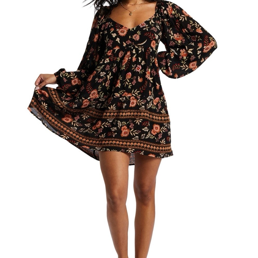 Billabong Black Floral Long Sleeve Mini Dress